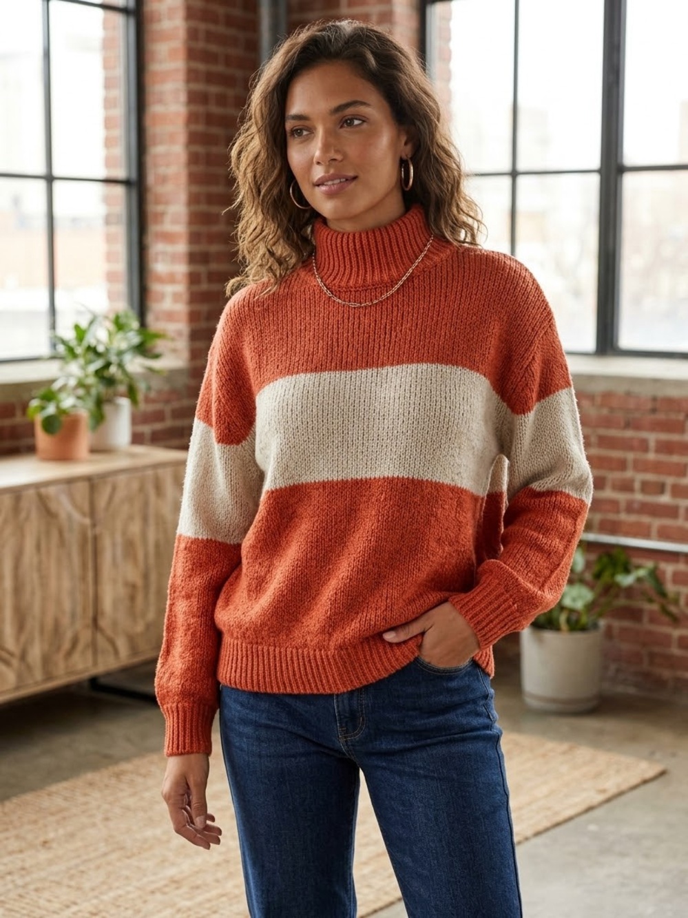 Aerie Rusty Orange & Cream Colorblock Stripe Chunky Knit Turtleneck Sweater - M